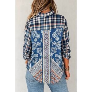 Anthro Lola P Plaid Flannel Shirt Boho Patchwork Back Button Down Blue M